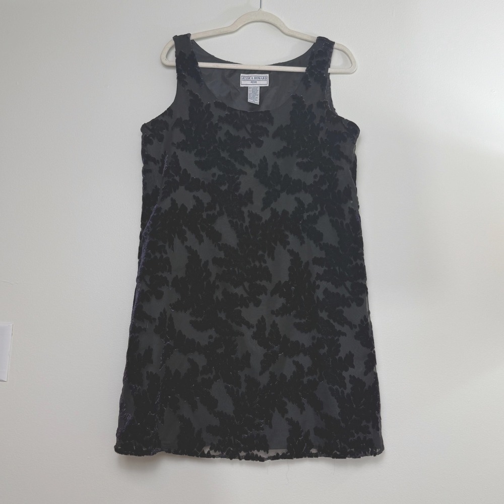 Jessica Howard Petite Floral Burnout Velvet Sleeveless Shift Dress Black 14P